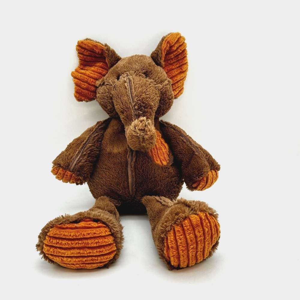 Pier 1 Imports Plush Elephant Brown Minky Orange Ribbed Patch 14" Sewn Eyes